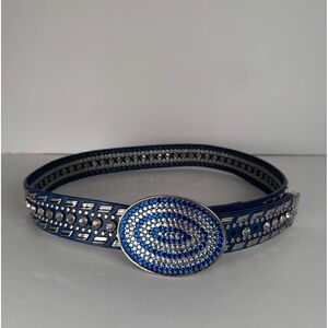 Nocona Genuine Blue/Silver Leather Western Belt Rhinestone Bedazzled Womens Y2K